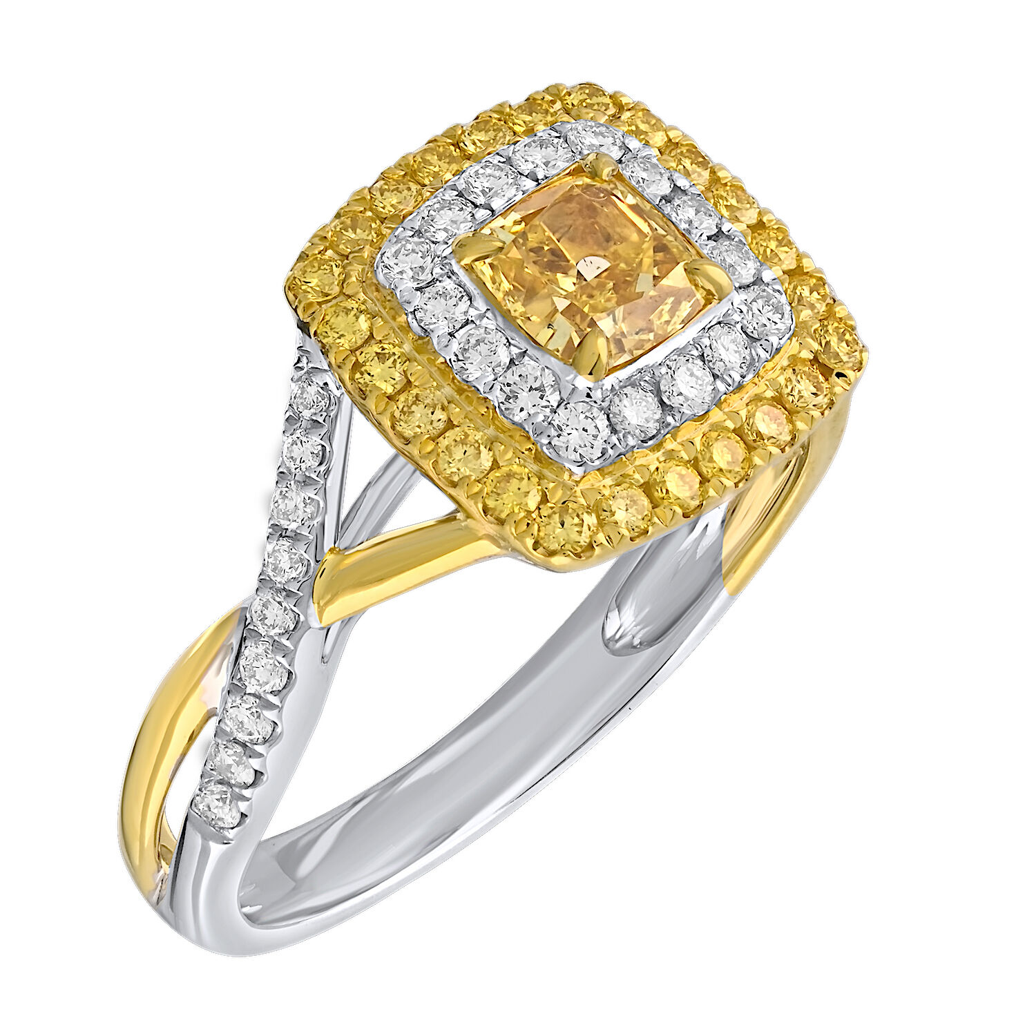 Canary Couture&trade; 14k Two Tone Ring Yellow Cushion with Yellow & White Double Halo Split Shank 0.97 Ctw