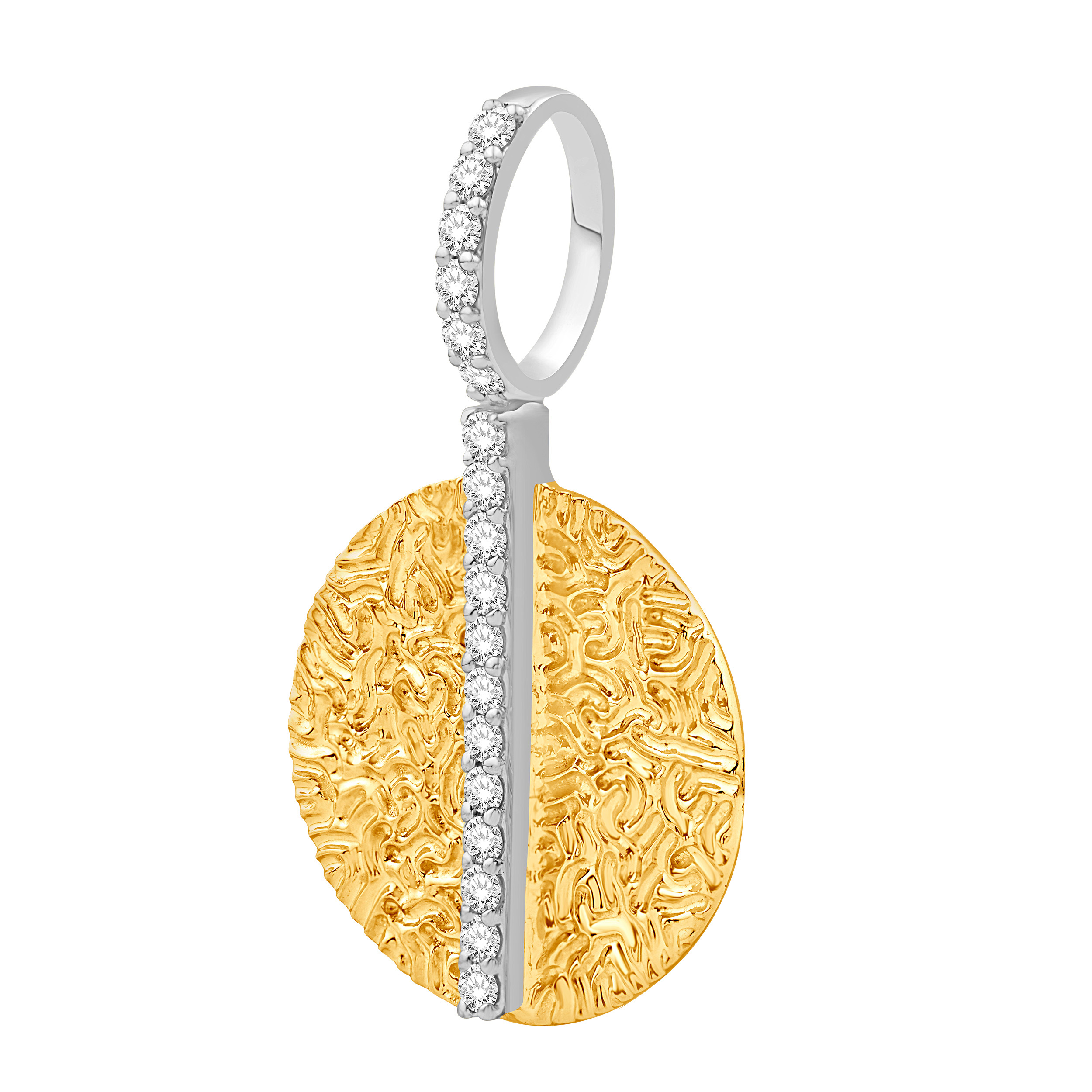 Textura&trade; 14K Two Tone Gold Textured Round Disc with Pave Set Center Bar & Bail Diamond 0.29 Ctw