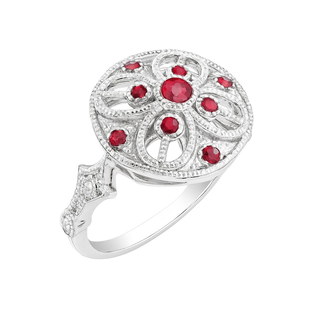 Vintage Treasures&trade; 14k White Gold Round Art Deco Style Bezel Set Center Ring Diamond & Ruby 0.51 Ctw