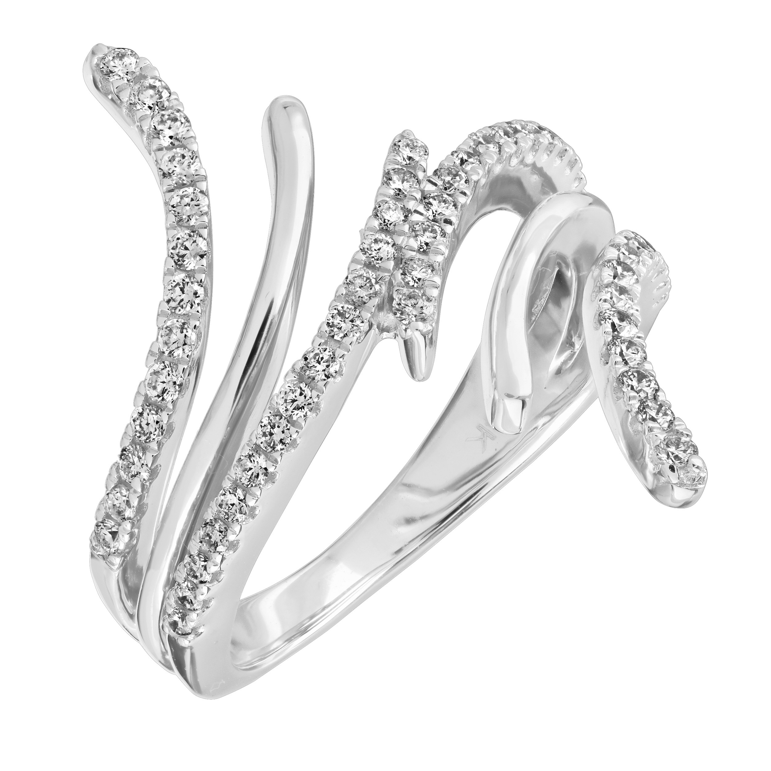 14K White Gold Multi Row Bypass Pave & Polished Diamond Ring 0.47 Ctw