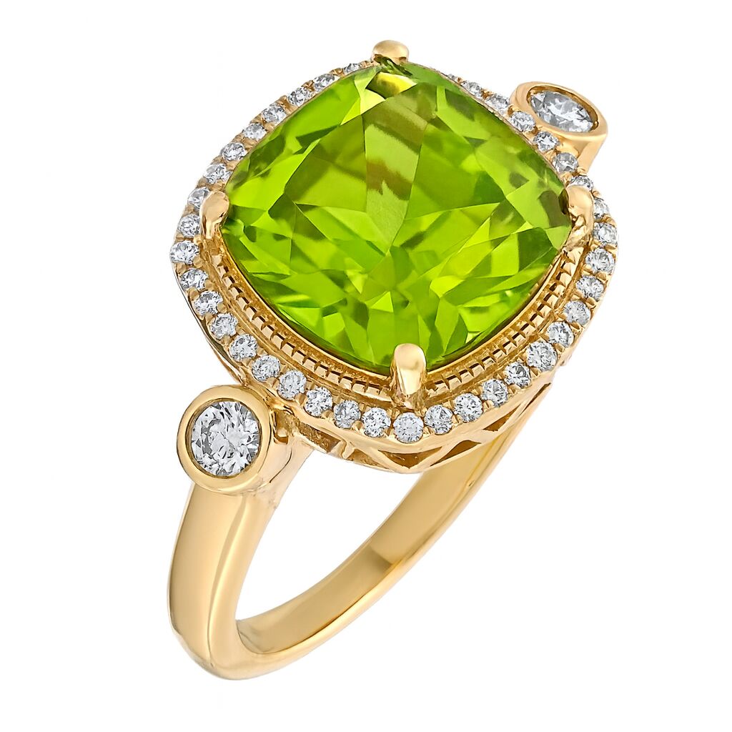 Majestic Gems&trade; 14k Yellow Gold Cushion Amethyst Halo Bezel Set Shoulders Peridot & Diamond 5.25 Ctw