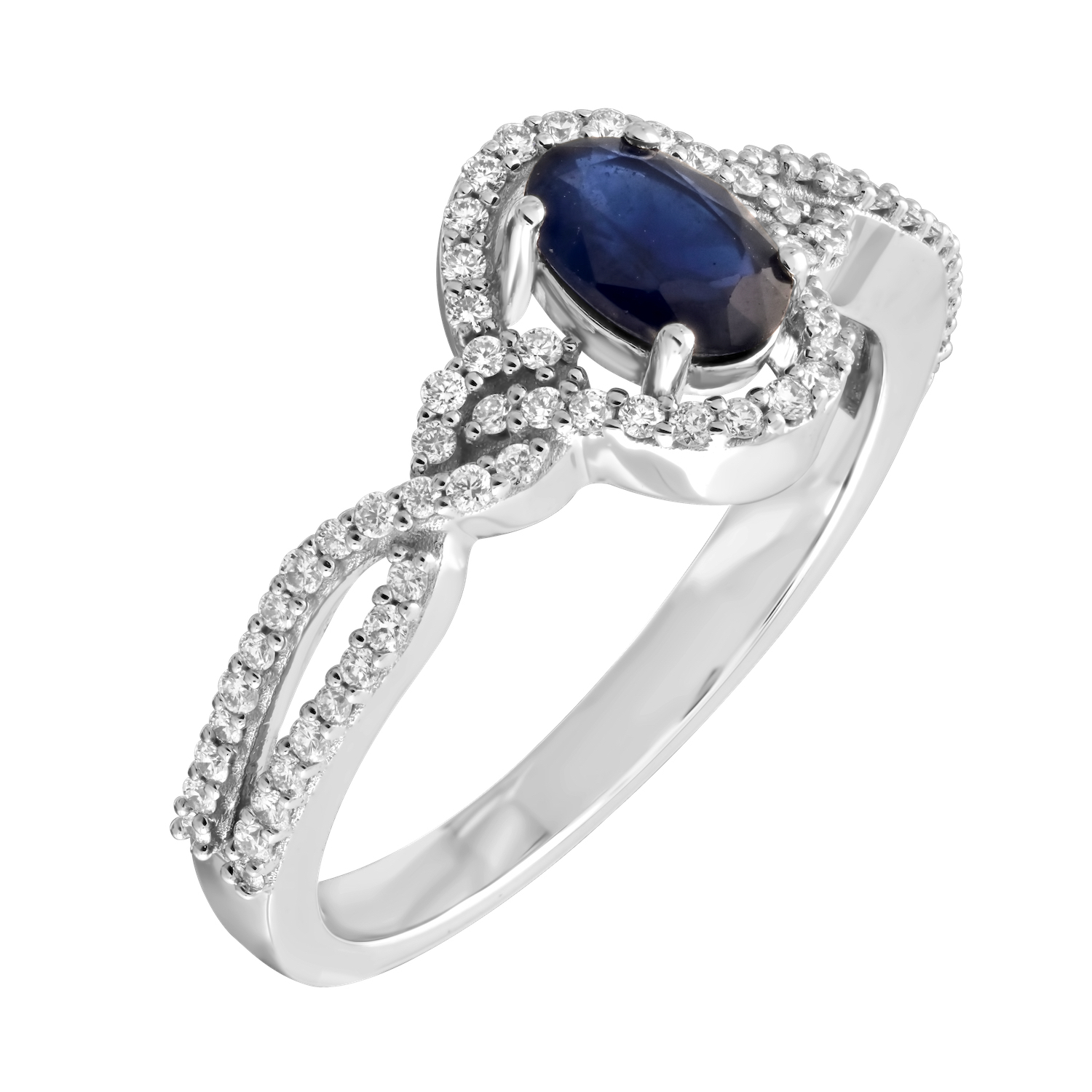 Majestic Gems&trade; 14k White Gold Oval Sapp with Halo Plaited Shoulders Blue Sapphire & Diamond 0.76 Ctw