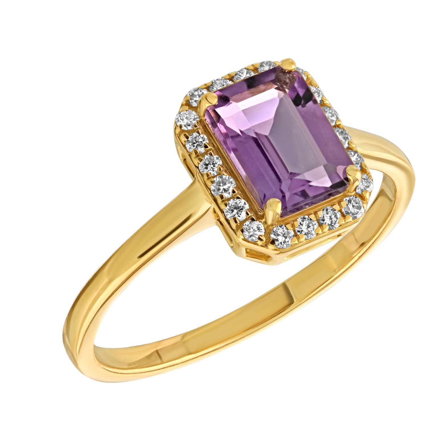 Birthstone Collection 10K Yellow Gold Emerald Shape Halo Ring Diamond and Amethyst 1.07 Ctw