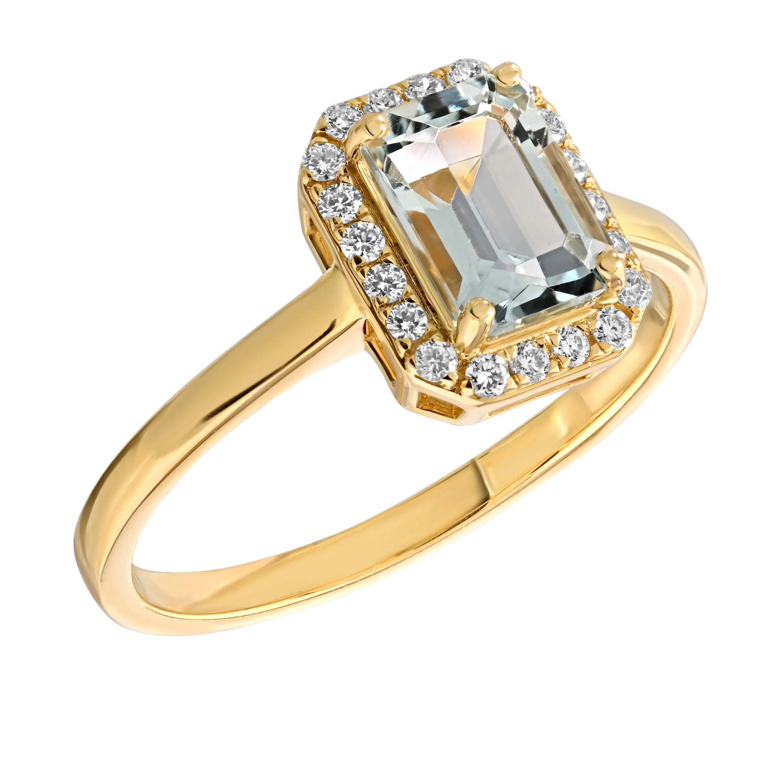 Birthstone Collection 10K Yellow Gold Emerald Shape Halo Ring Diamond and Aquamarine 1.07 Ctw