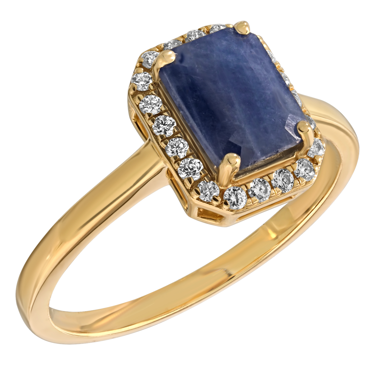 Birthstone Collection 10K Yellow Gold Emerald Shape Halo Ring Diamond and Blue Sapphire 1.07 Ctw