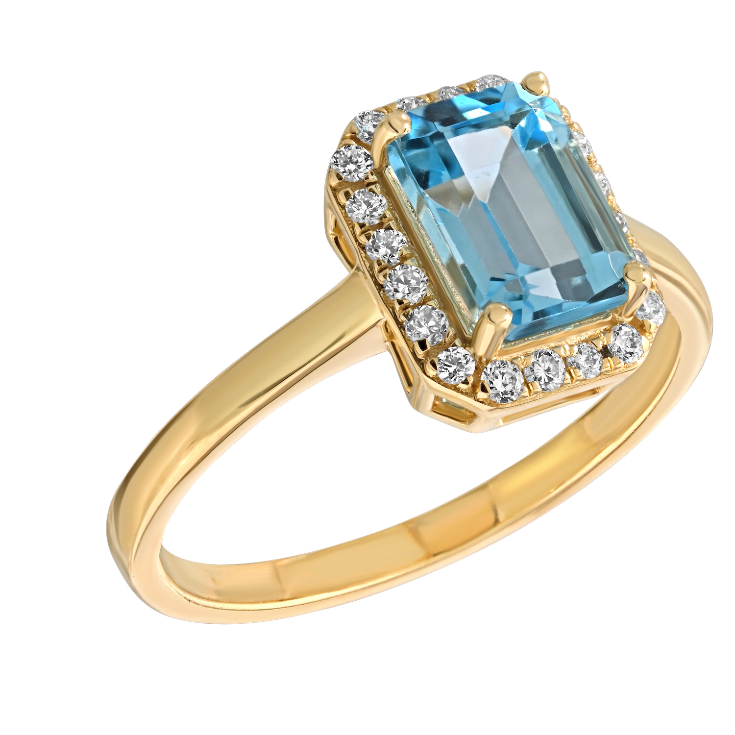 Birthstone Collection 10K Yellow Gold Emerald Shape Halo Ring Diamond and Blue Topaz 1.07 Ctw