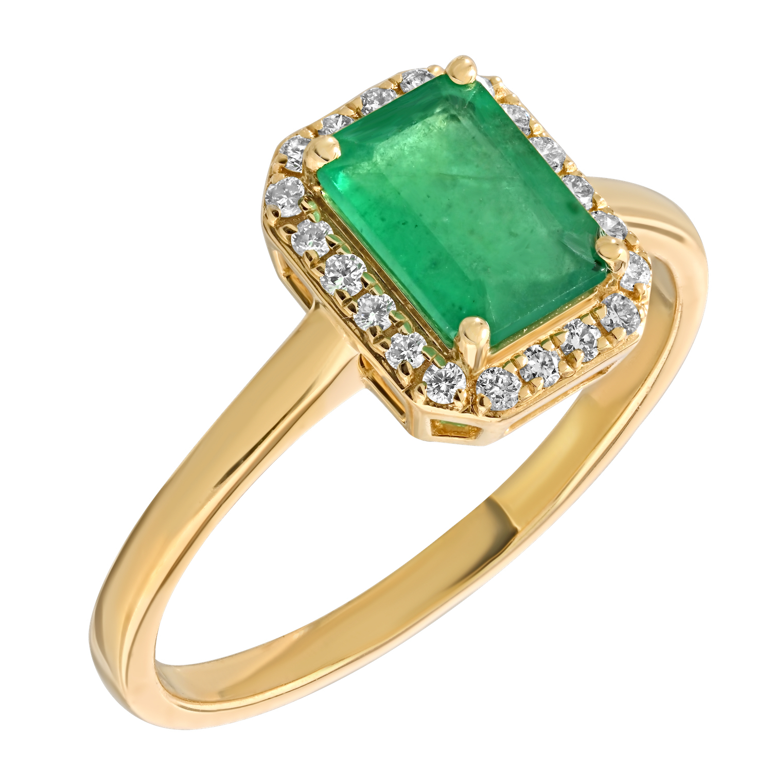 Birthstone Collection 10K Yellow Gold Emerald Shape Halo Ring Diamond and Emerald 1.07 Ctw