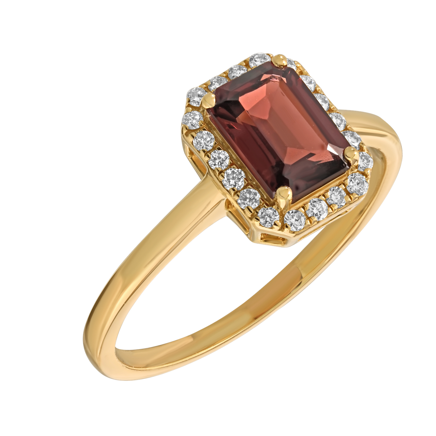 Birthstone Collection 10K Yellow Gold Emerald Shape Halo Ring Diamond and Garnet 1.07 Ctw