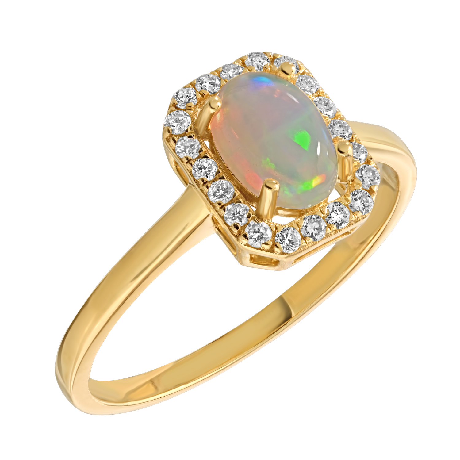 Birthstone Collection 10K Yellow Gold Emerald Shape Halo Ring Diamond and Opal 1.07 Ctw