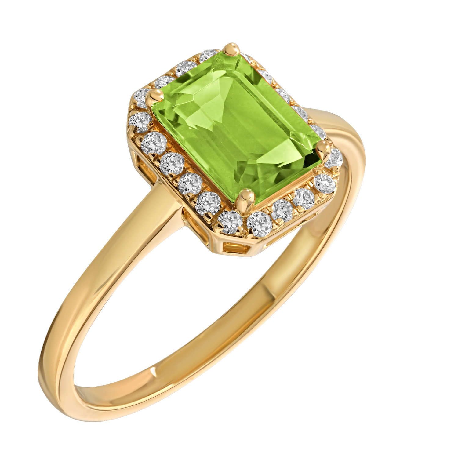 Birthstone Collection 10K Yellow Gold Emerald Shape Halo Ring Diamond and Peridot 1.07 Ctw
