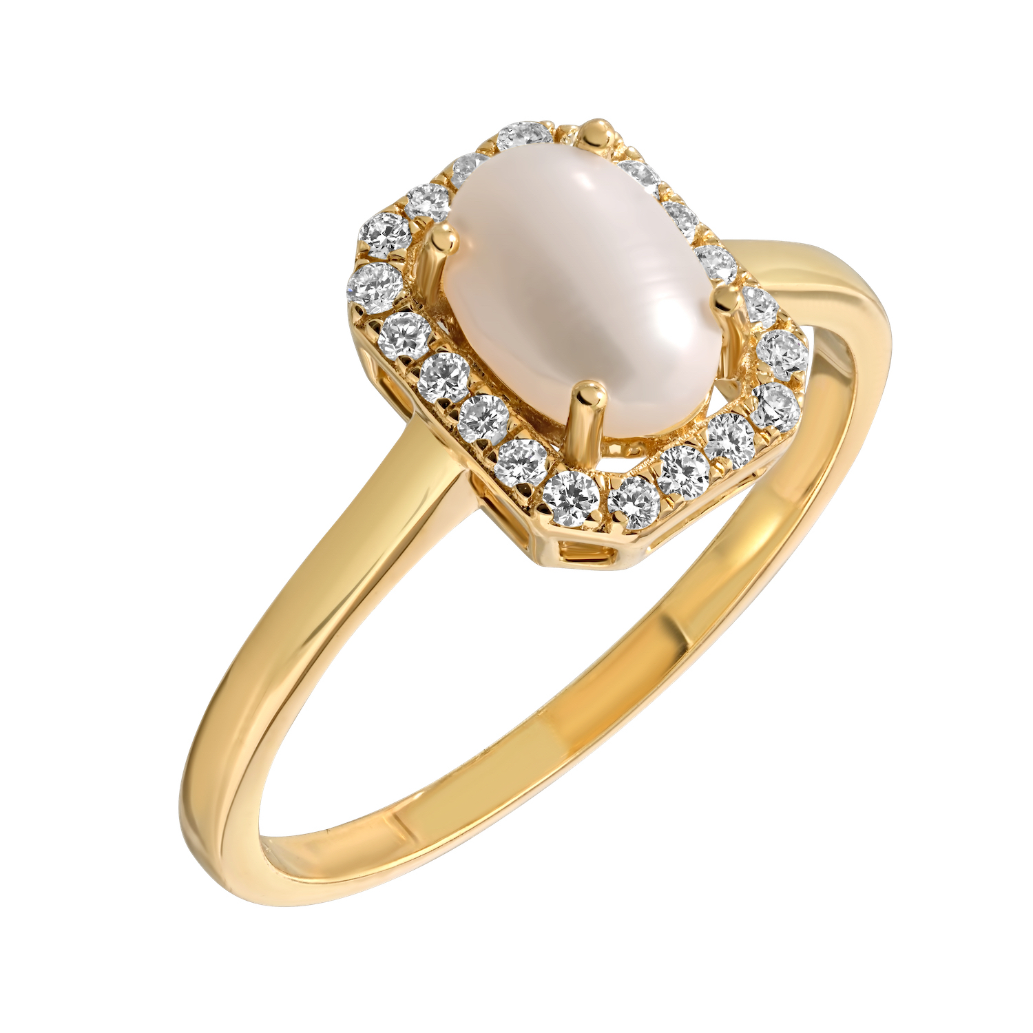 Birthstone Collection 10K Yellow Gold Emerald Shape Halo Ring Diamond and Pearl 1.07 Ctw