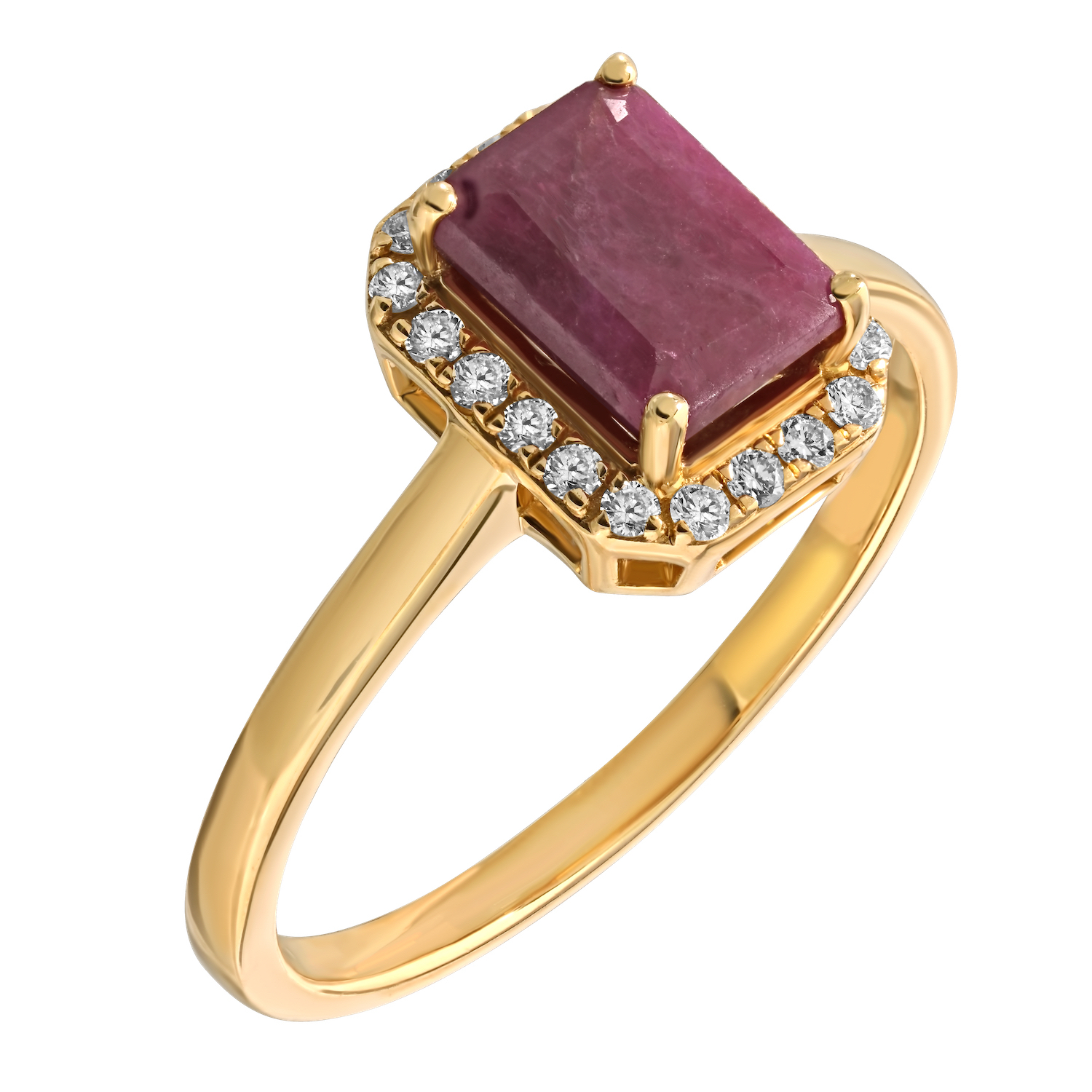 Birthstone Collection 10K Yellow Gold Emerald Shape Halo Ring Diamond and Ruby 1.07 Ctw
