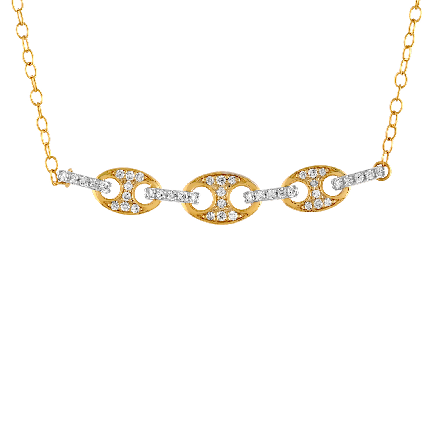 14K Two Tone Anchor Link 3 Stations Pave Set in Front Diamond Necklace 0.20 Ctw