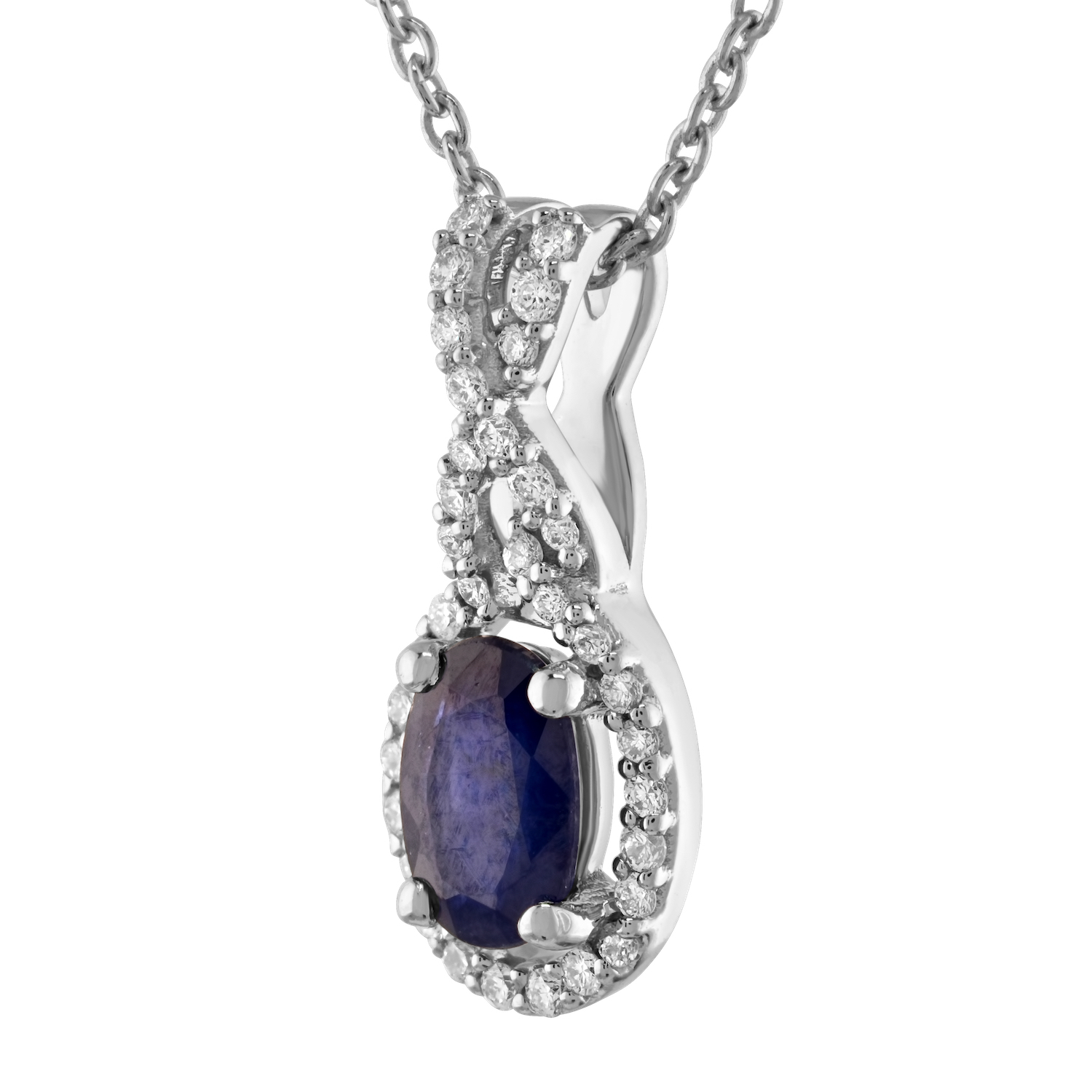Majestic Gems&trade; 14k White Gold Oval Sapp with Halo Plaited Bail Blue Sapphire & Diamond 0.61 Ctw