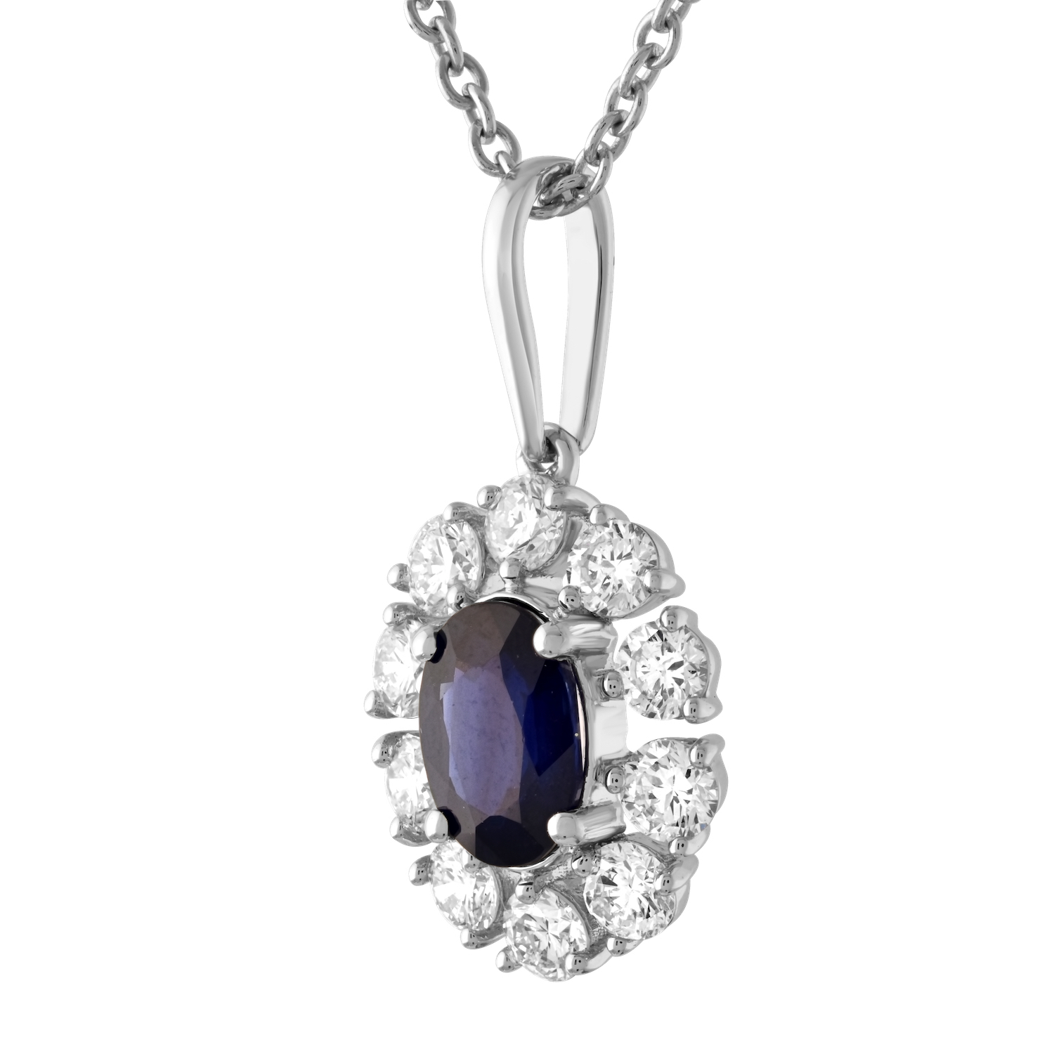 Majestic Gems&trade; 14k White Gold Oval Color Stone with Halo Blue Sapphire & Diamond 1.66 Ctw