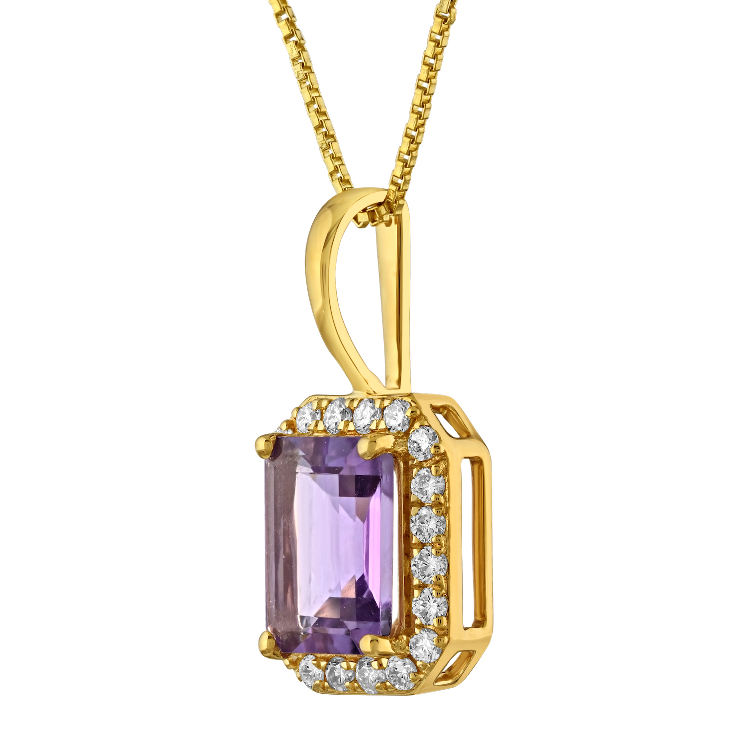 Birthstone Collection 10K Yellow Gold Emerald Shape Halo Pendant Diamond and Amethyst 1.07 Ctw