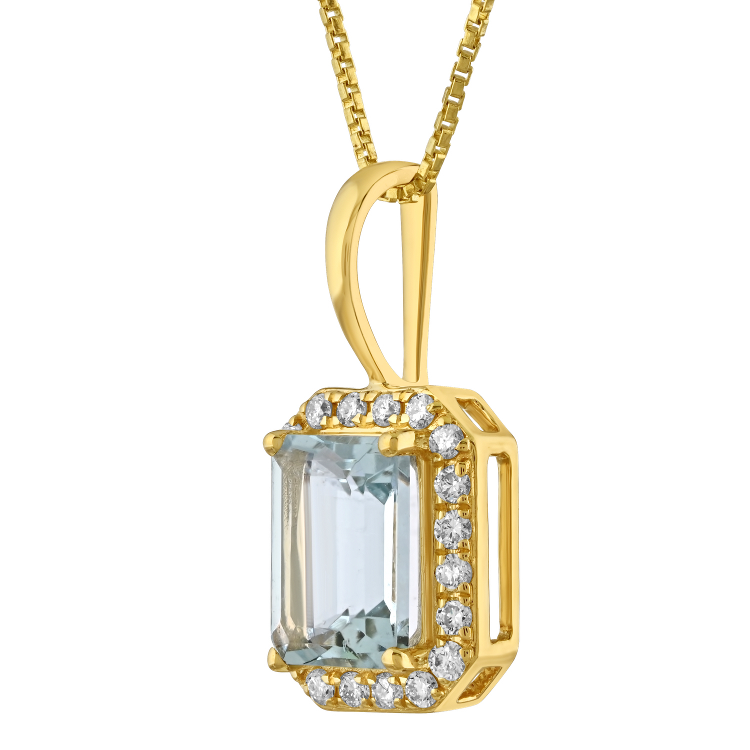 Birthstone Collection 10K Yellow Gold Emerald Shape Halo Pendant Diamond and Aquamarine 1.07 Ctw