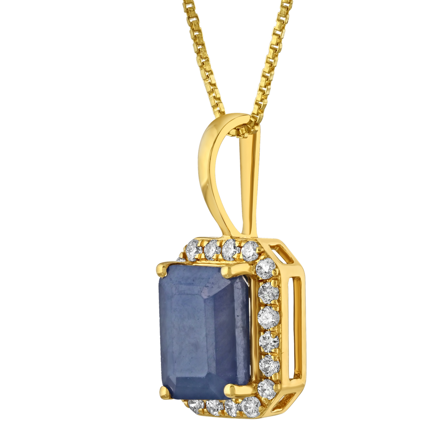 Birthstone Collection 10K Yellow Gold Emerald Shape Halo Pendant Diamond and Blue Sapphire 1.07 Ctw