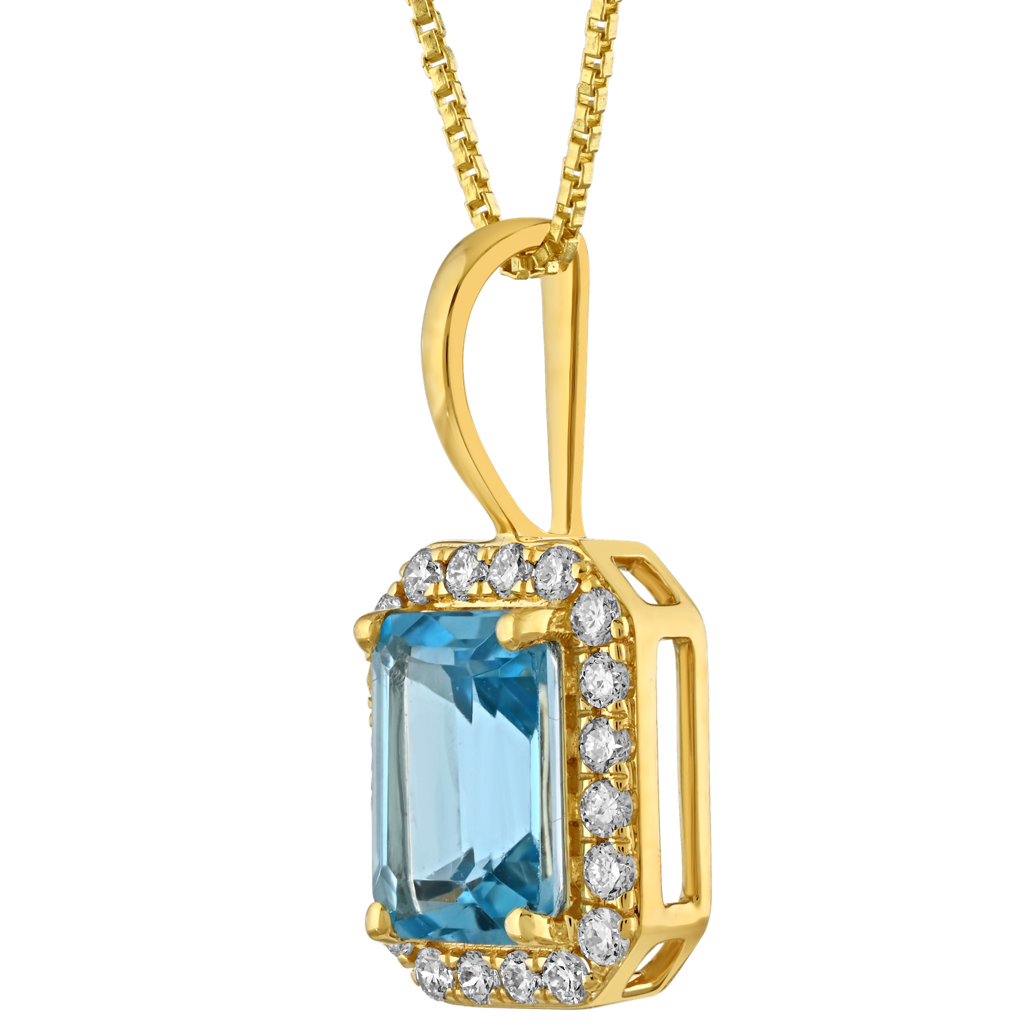 Birthstone Collection 10K Yellow Gold Emerald Shape Halo Pendant Diamond and Blue Topaz 1.07 Ctw