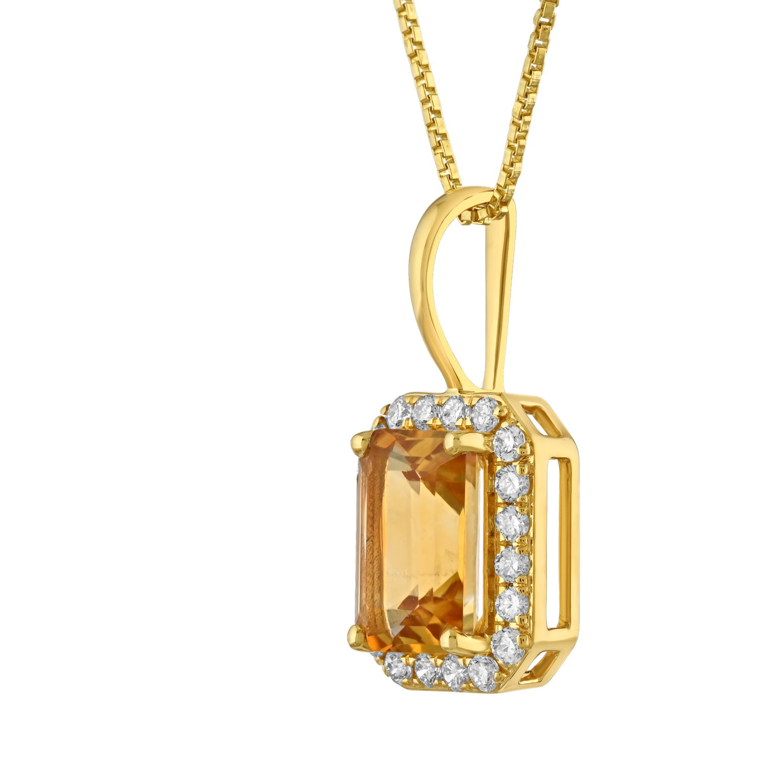 Birthstone Collection 10K Yellow Gold Emerald Shape Halo Pendant Diamond and Citrine 1.07 Ctw