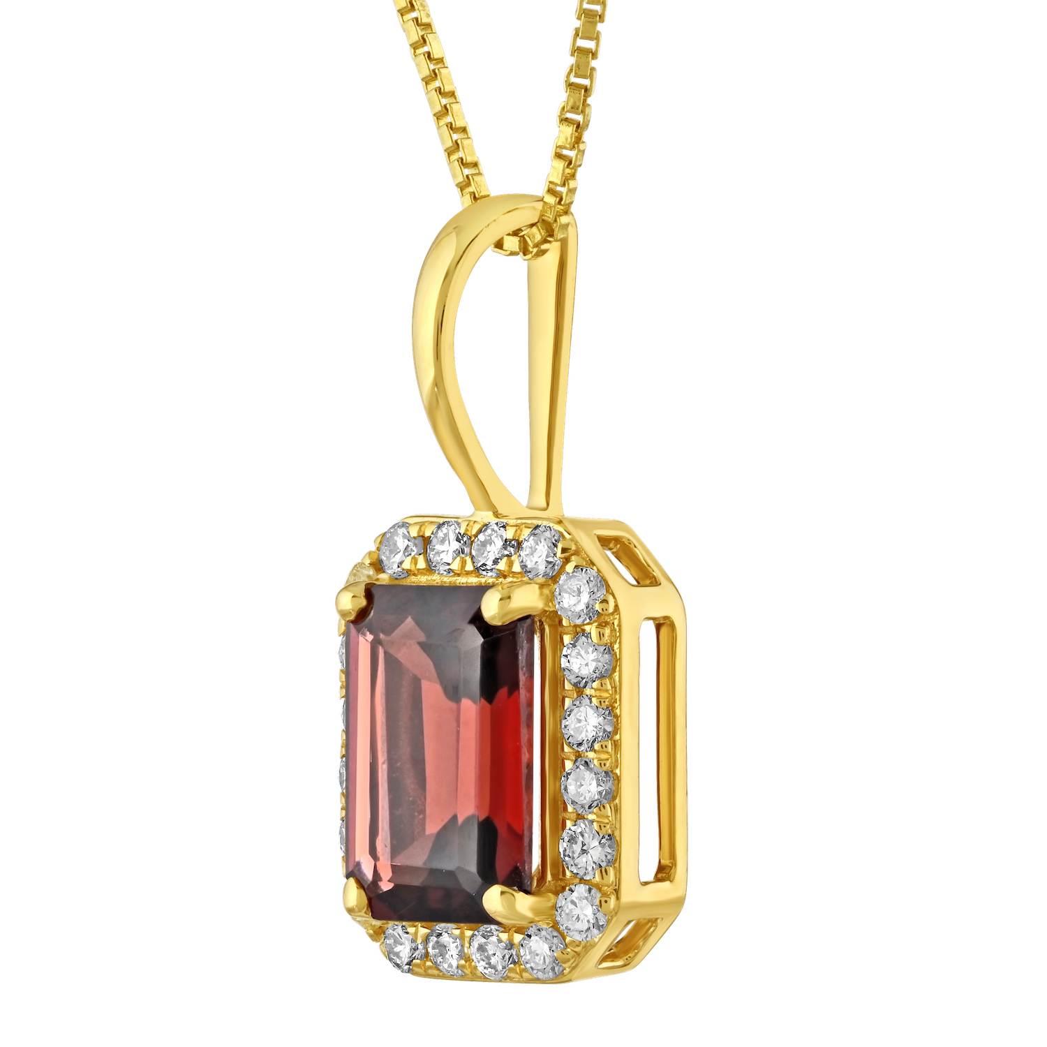 Birthstone Collection 10K Yellow Gold Emerald Shape Halo Pendant Diamond and Garnet 1.07 Ctw
