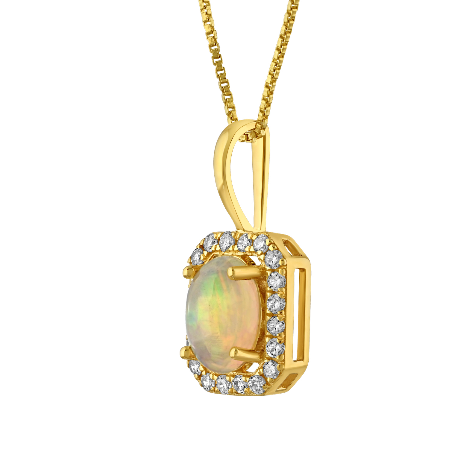 Birthstone Collection 10K Yellow Gold Emerald Shape Halo Pendant Diamond and Opal 1.07 Ctw