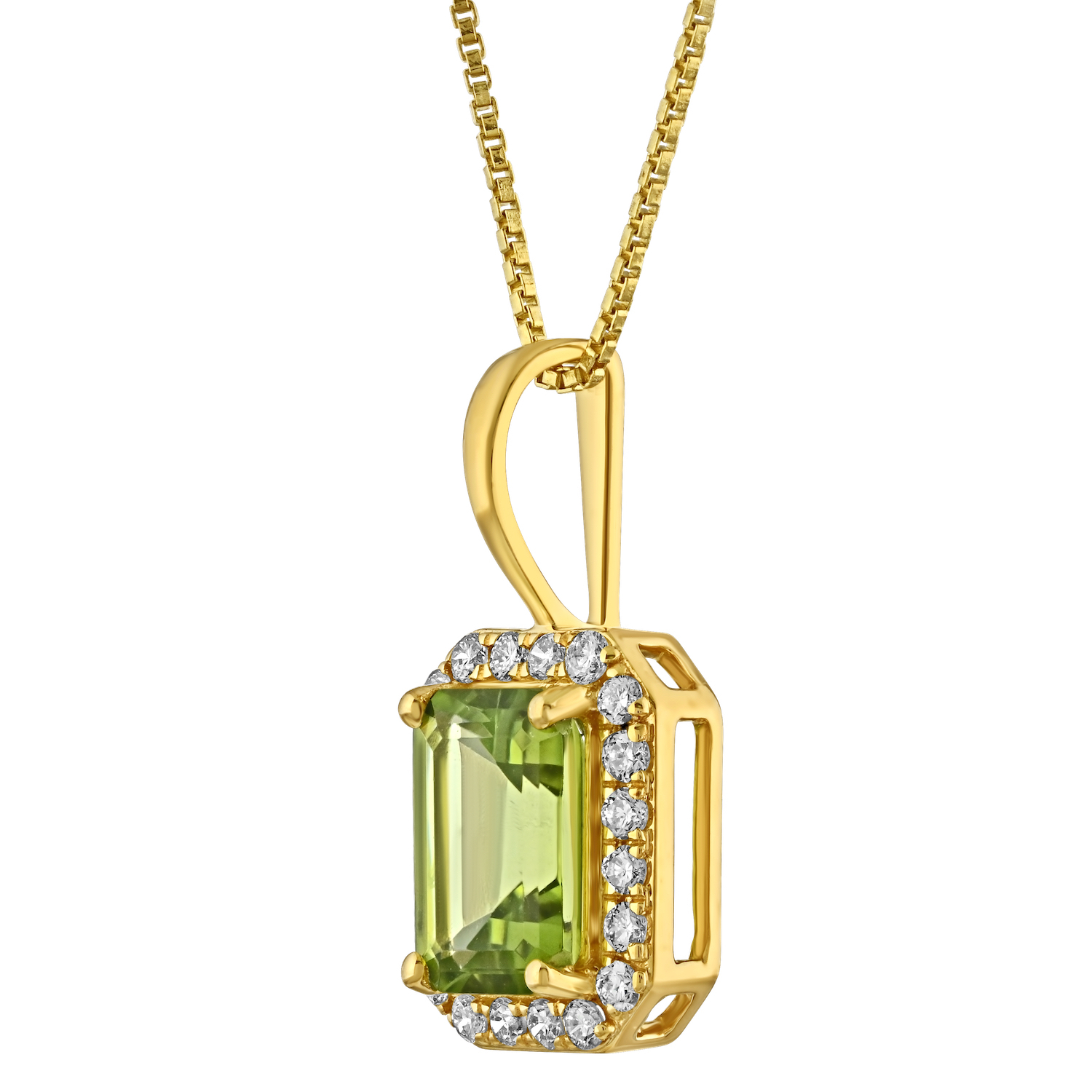 Birthstone Collection 10K Yellow Gold Emerald Shape Halo Pendant Diamond and Peridot 1.07 Ctw