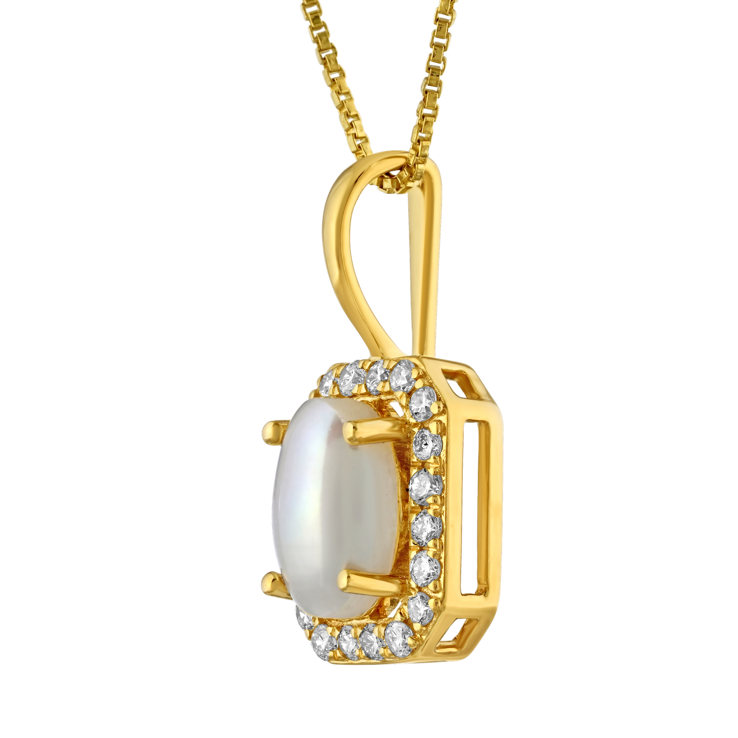 Birthstone Collection 10K Yellow Gold Emerald Shape Halo Pendant Diamond and Pearl 1.07 Ctw