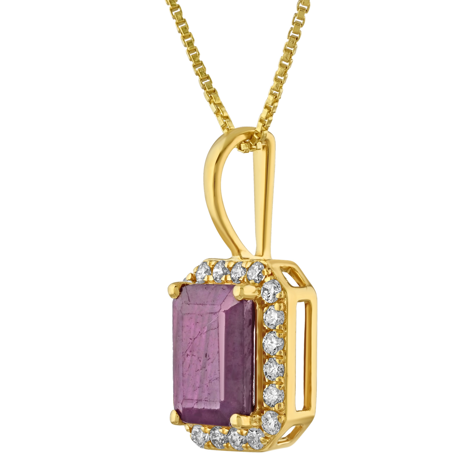Birthstone Collection 10K Yellow Gold Emerald Shape Halo Pendant Diamond and Ruby 1.07 Ctw