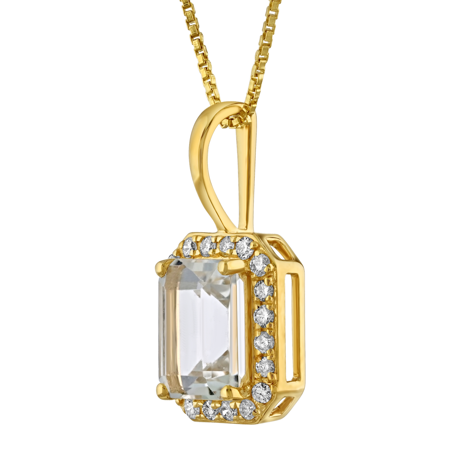 Birthstone Collection 10K Yellow Gold Emerald Shape Halo Pendant Diamond and White Topaz 1.07 Ctw