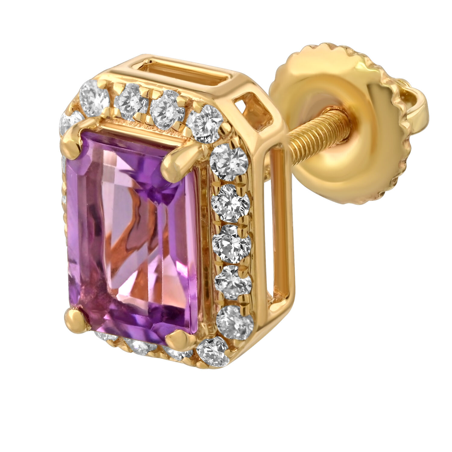 Birthstone Collection 10K Yellow Gold Emerald Shape Halo Studs Earrings Diamond and Amethyst 1.54 Ctw