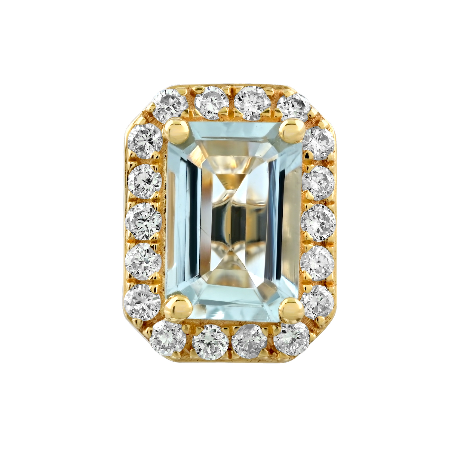 Birthstone Collection 10K Yellow Gold Emerald Shape Halo Studs Earrings Diamond and Aquamarine 1.54 Ctw