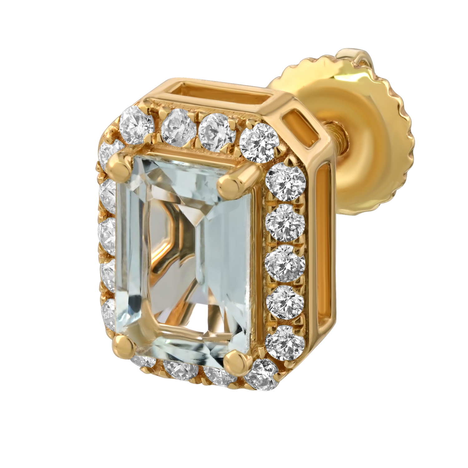 Birthstone Collection 10K Yellow Gold Emerald Shape Halo Studs Earrings Diamond and Aquamarine 1.54 Ctw