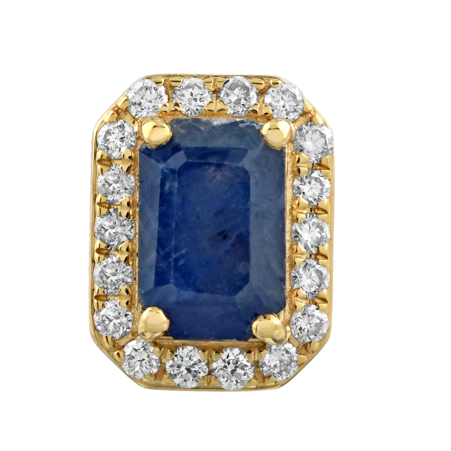 Birthstone Collection 10K Yellow Gold Emerald Shape Halo Studs Earrings Diamond and Blue Sapphire 1.54 Ctw