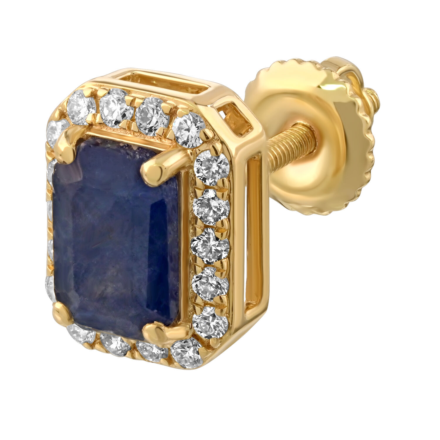 Birthstone Collection 10K Yellow Gold Emerald Shape Halo Studs Earrings Diamond and Blue Sapphire 1.54 Ctw