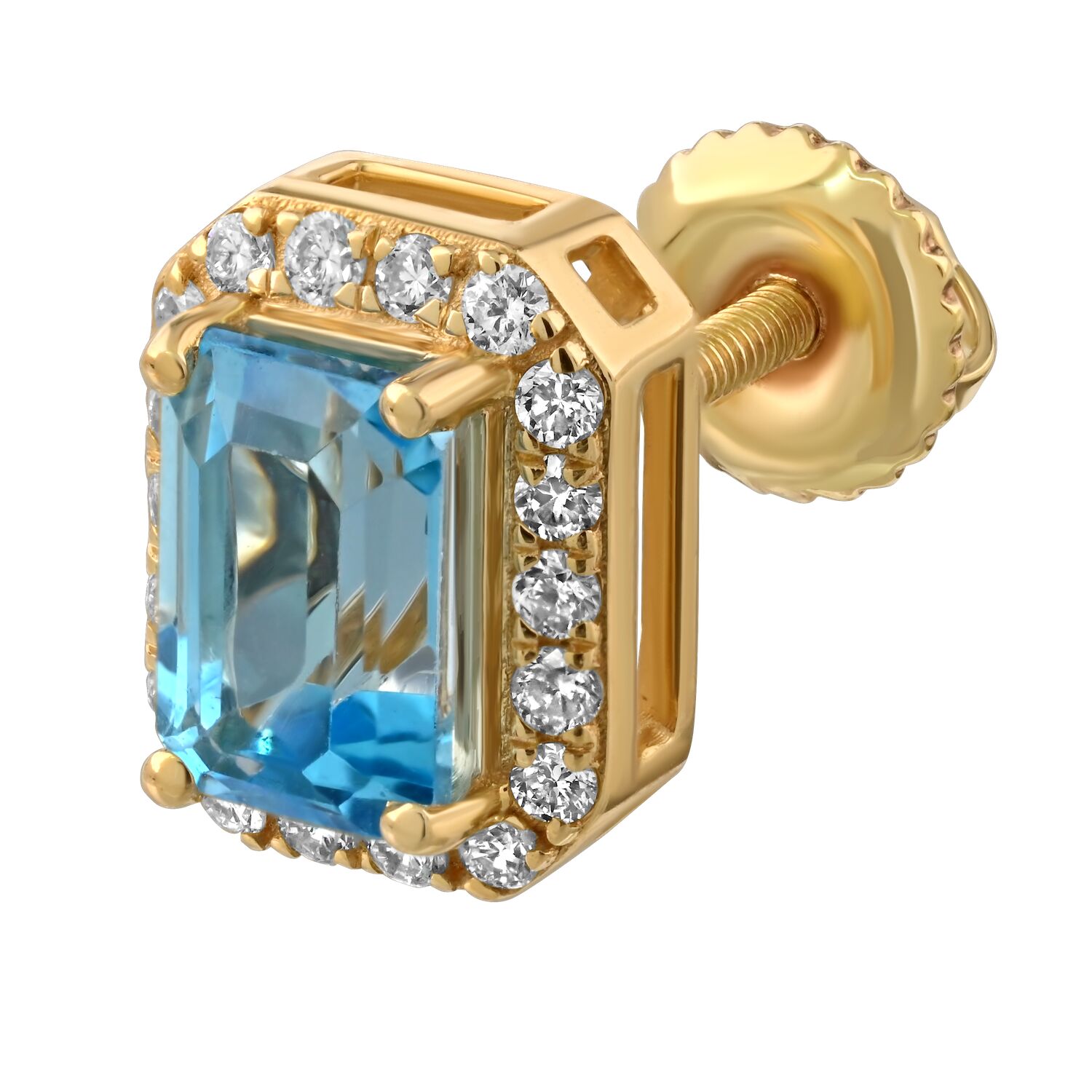 Birthstone Collection 10K Yellow Gold Emerald Shape Halo Studs Earrings Diamond and Blue Topaz 1.54 Ctw