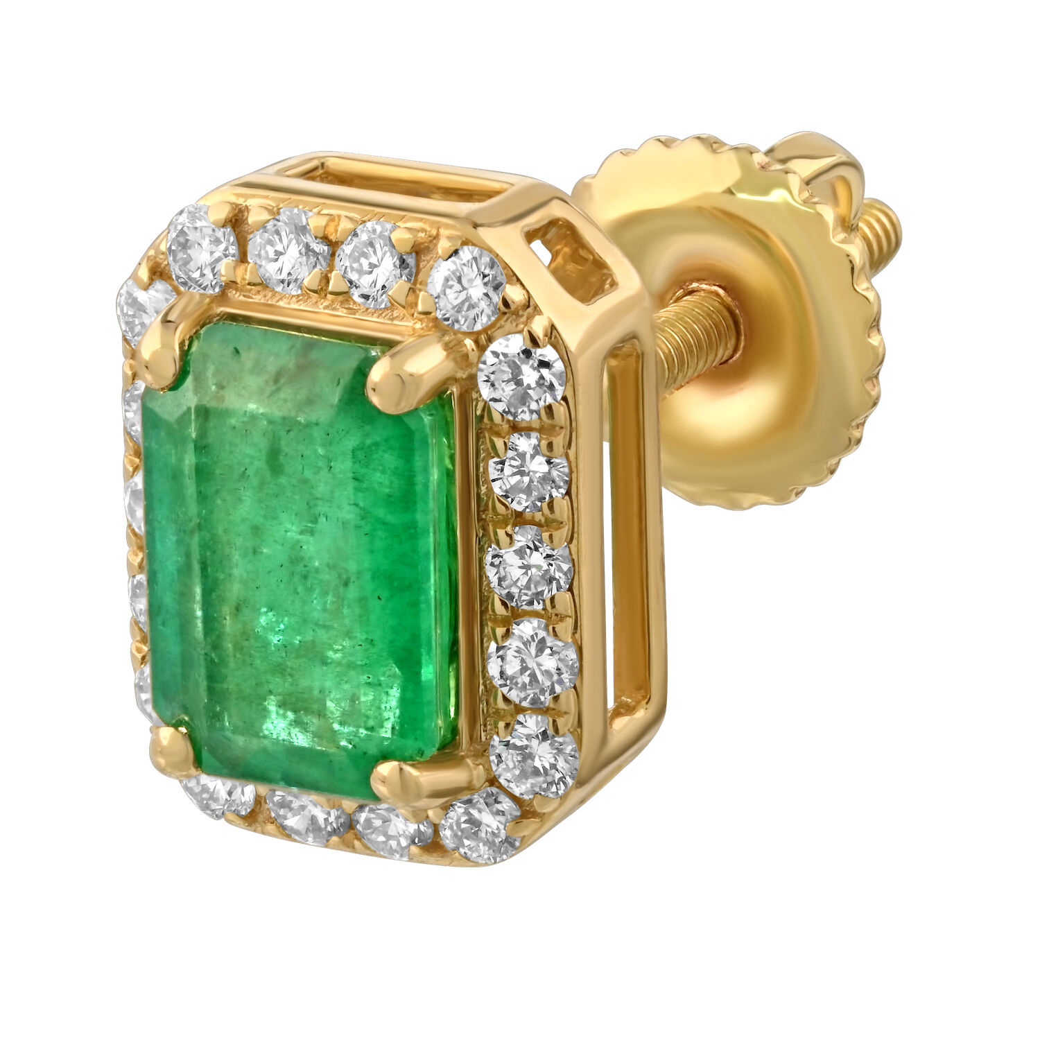 Birthstone Collection 10K Yellow Gold Emerald Shape Halo Studs Earrings Diamond and Emerald 1.54 Ctw