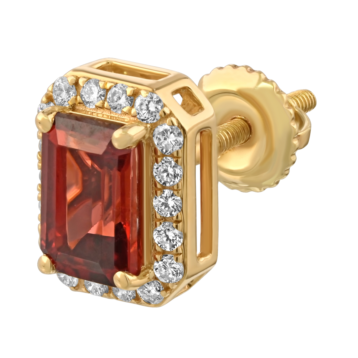 Birthstone Collection 10K Yellow Gold Emerald Shape Halo Studs Earrings Diamond and Garnet 1.54 Ctw