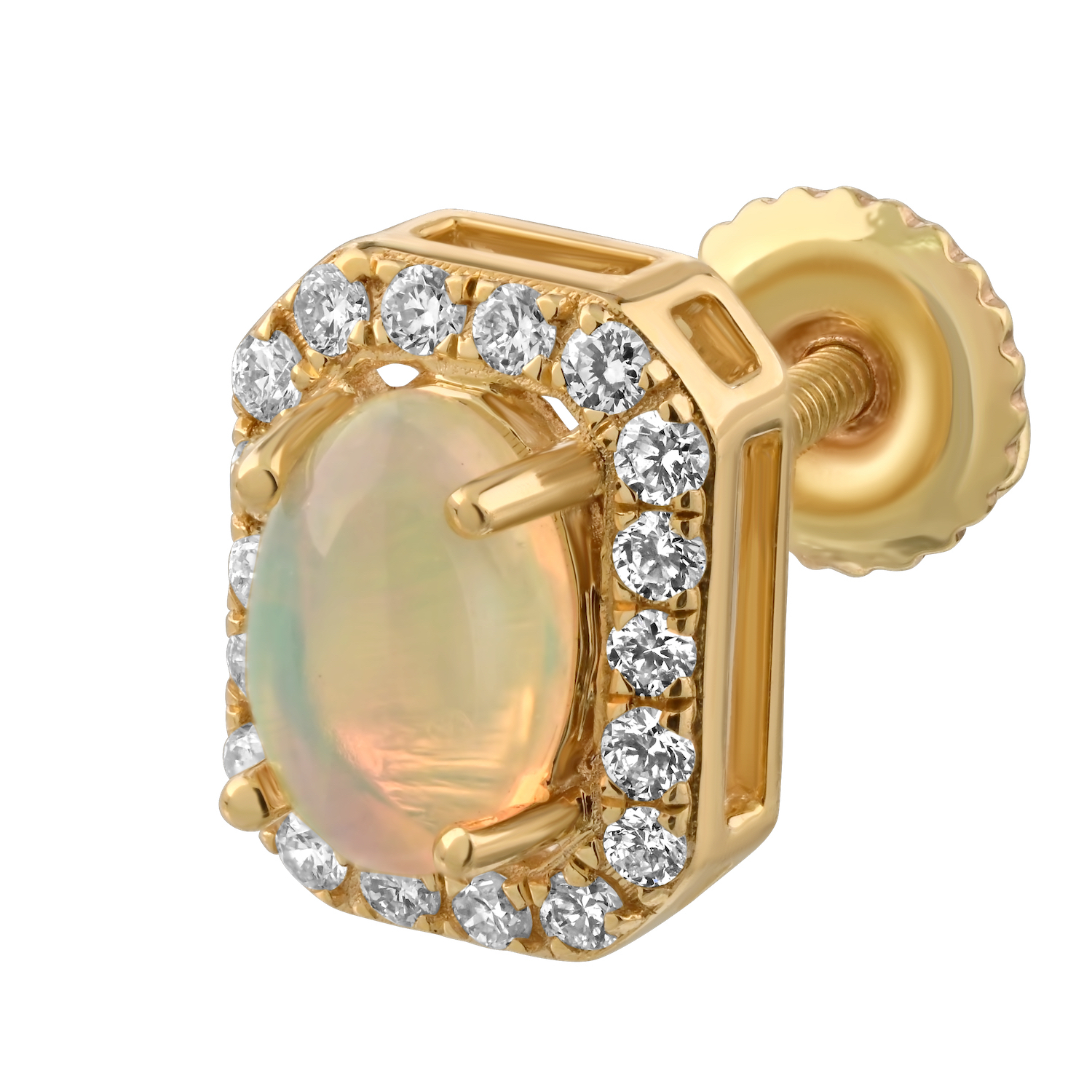 Birthstone Collection 10K Yellow Gold Emerald Shape Halo Studs Earrings Diamond and Opal 1.54 Ctw