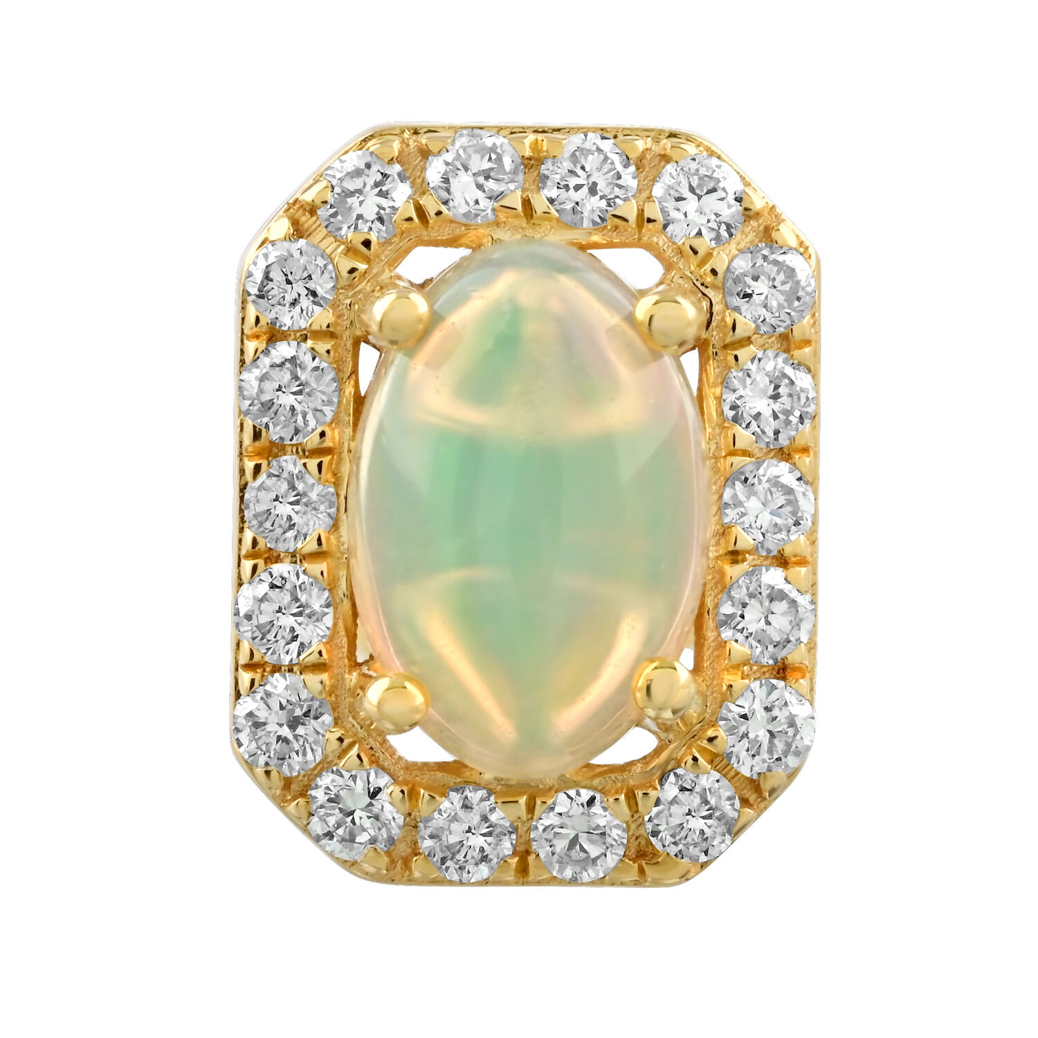 Birthstone Collection 10K Yellow Gold Emerald Shape Halo Studs Earrings Diamond and Opal 1.54 Ctw