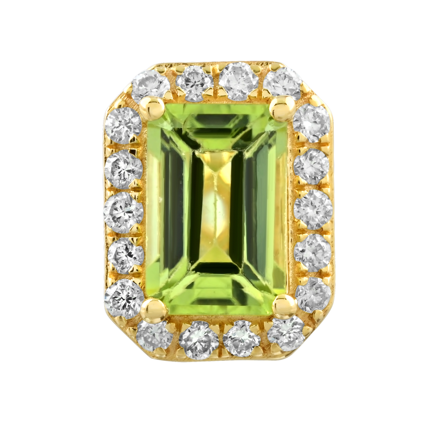 Birthstone Collection 10K Yellow Gold Emerald Shape Halo Studs Earrings Diamond and Peridot 1.54 Ctw