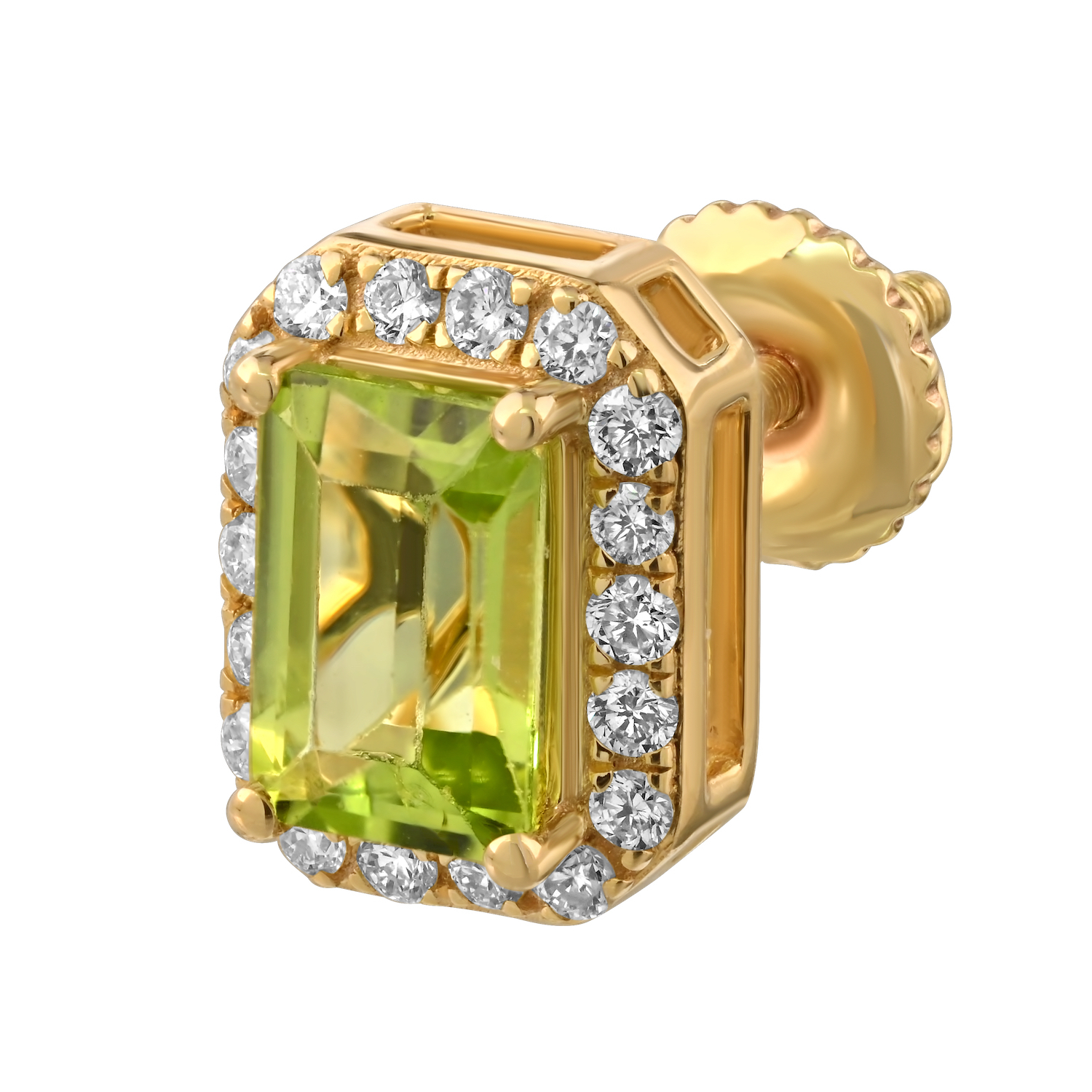 Birthstone Collection 10K Yellow Gold Emerald Shape Halo Studs Earrings Diamond and Peridot 1.54 Ctw