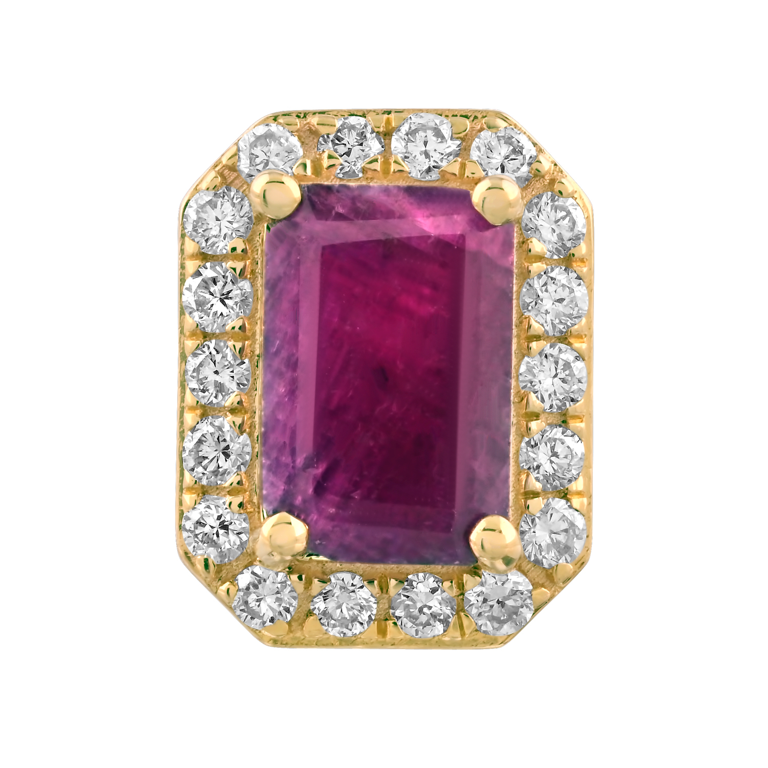 Birthstone Collection 10K Yellow Gold Emerald Shape Halo Studs Earrings Diamond and Ruby 1.54 Ctw