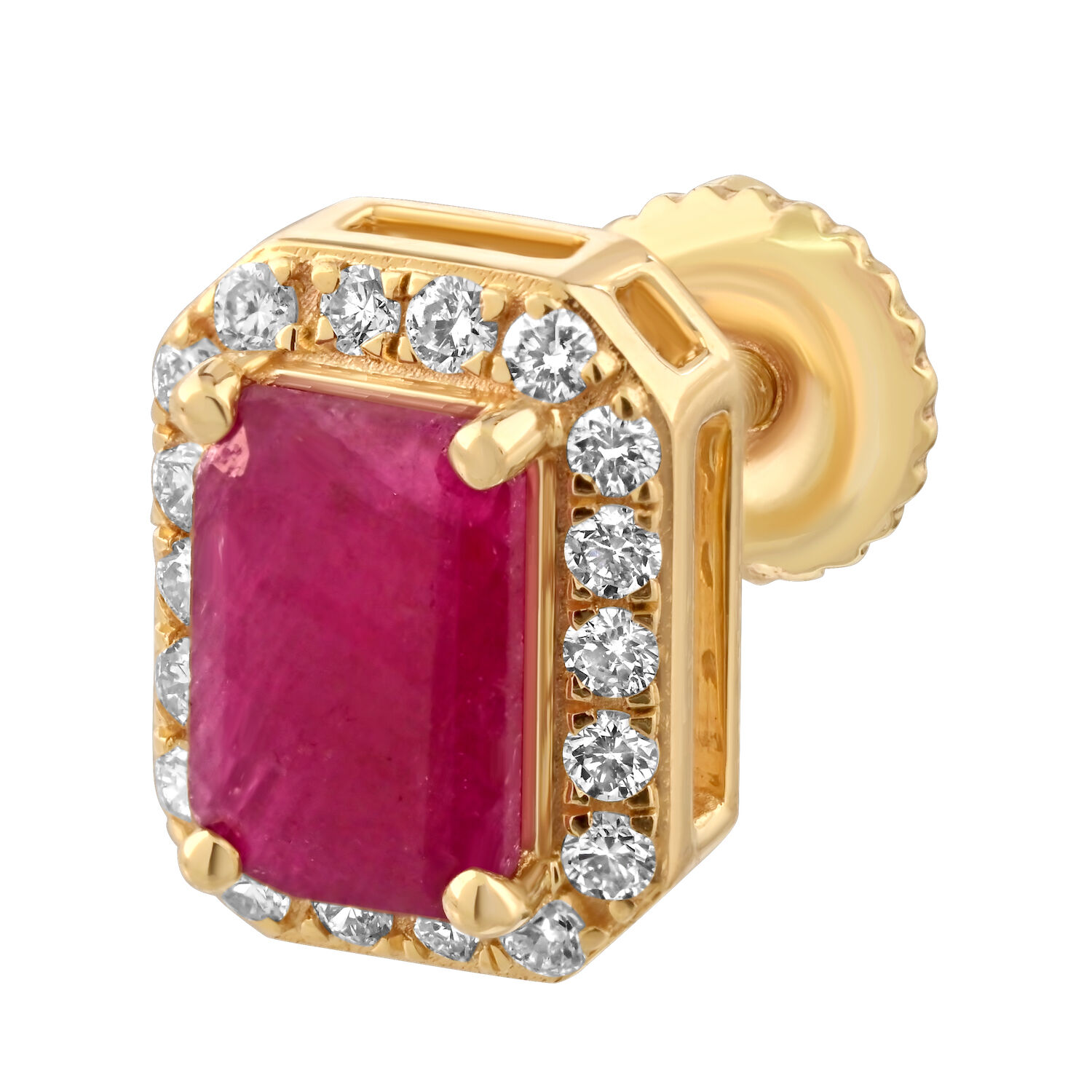 Birthstone Collection 10K Yellow Gold Emerald Shape Halo Studs Earrings Diamond and Ruby 1.54 Ctw