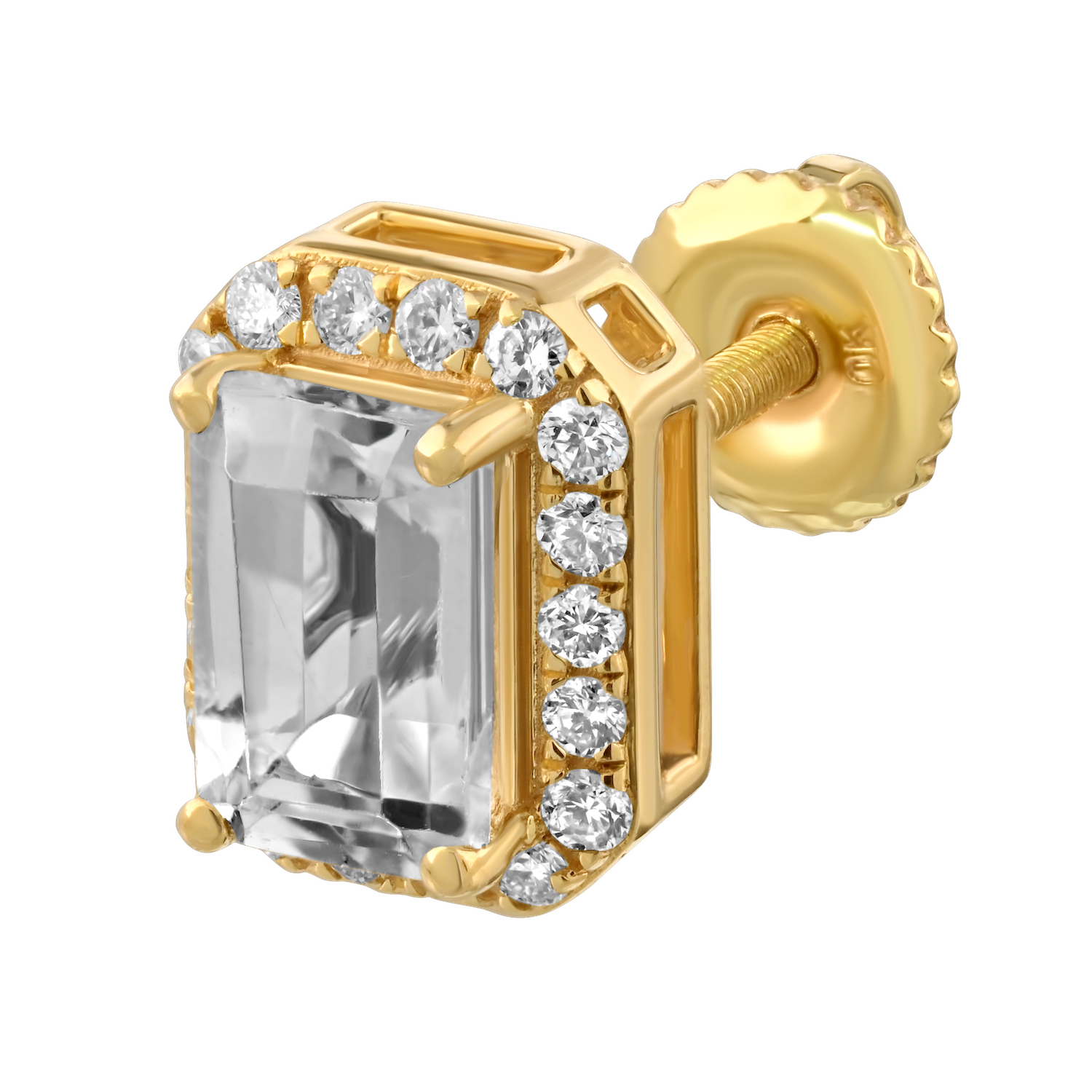 Birthstone Collection 10K Yellow Gold Emerald Shape Halo Studs Earrings Diamond and White Topaz 1.54 Ctw