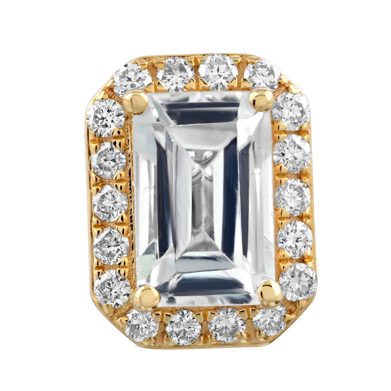 Birthstone Collection 10K Yellow Gold Emerald Shape Halo Studs Earrings Diamond and White Topaz 1.54 Ctw