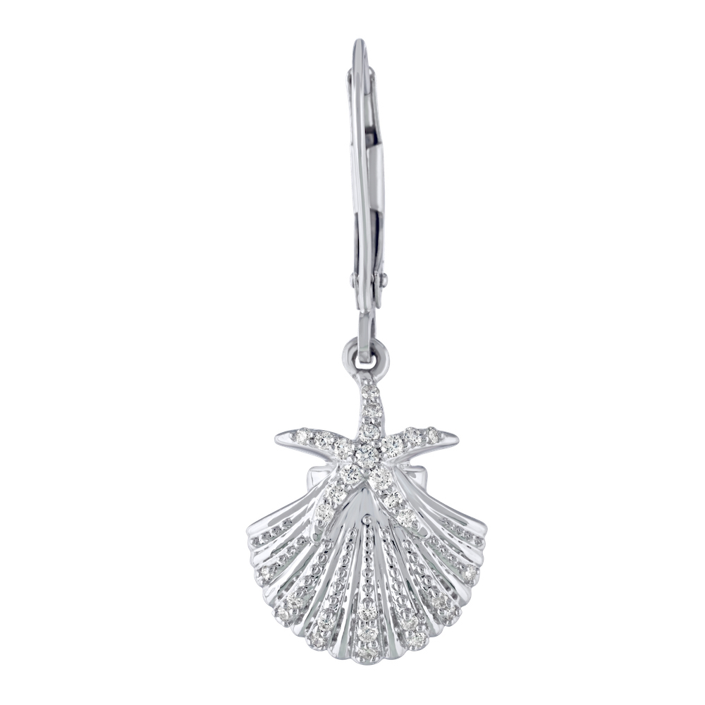 Oceanity&trade; 14K White Gold Earrings Shell with Starfish Drops with Lever-Backs Diamond 0.25 Ctw