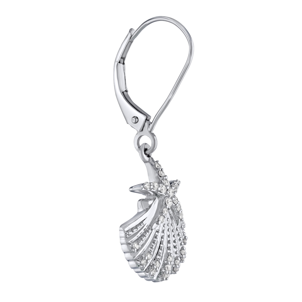 Oceanity&trade; 14K White Gold Earrings Shell with Starfish Drops with Lever-Backs Diamond 0.25 Ctw