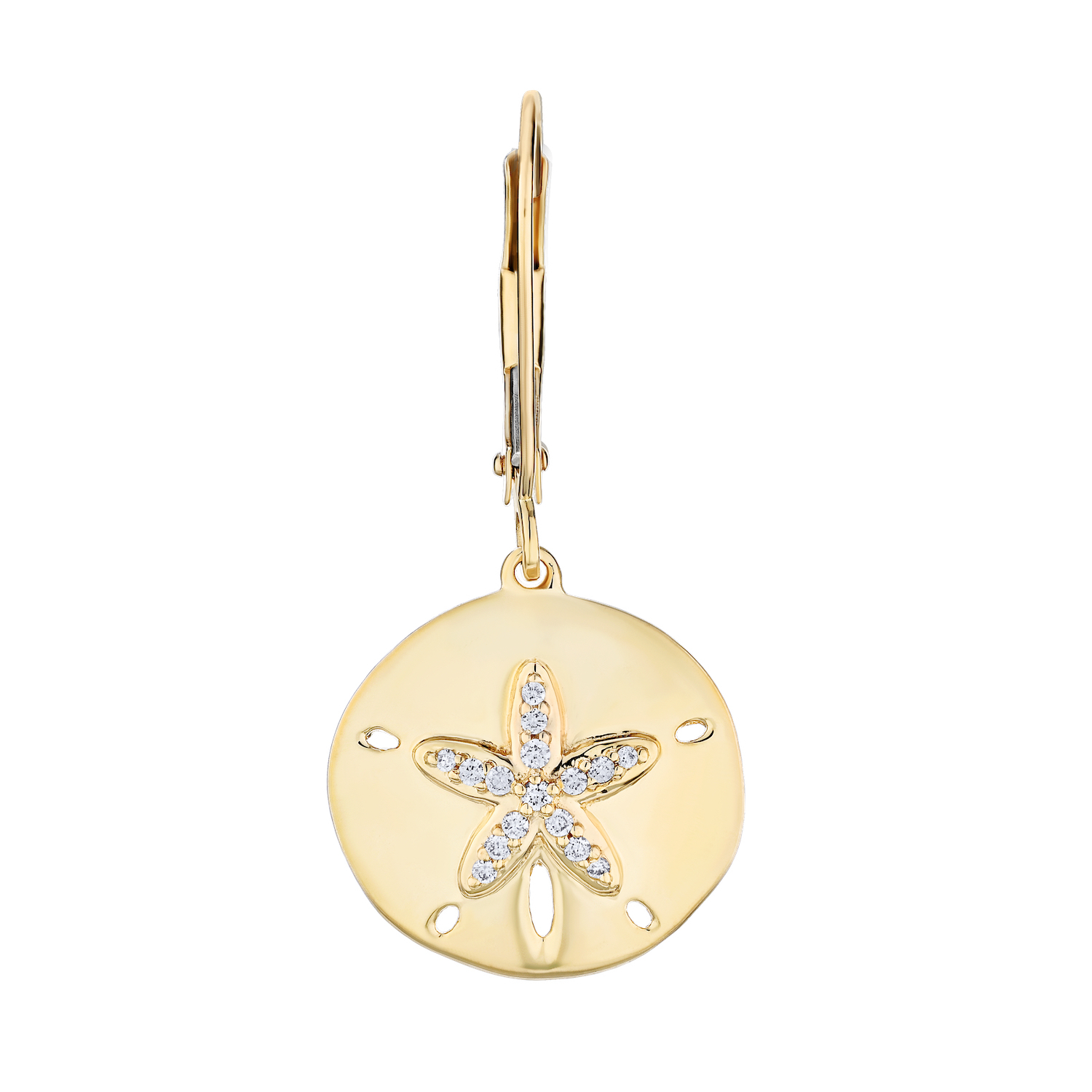 Oceanity&trade; 14K Yellow Gold Earrings Sand Dollar with Pave Center Drops Lever-Backs Diamond 0.12 Ctw