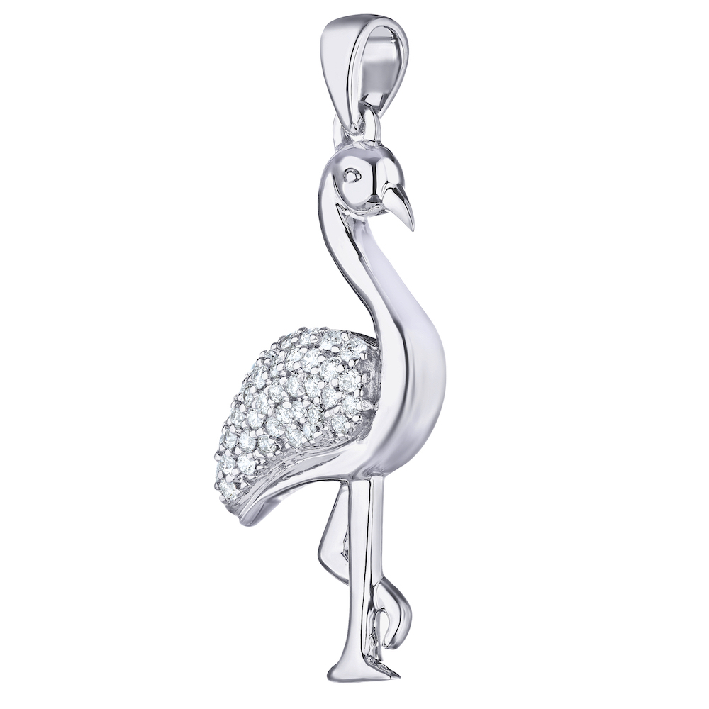 Oceanity&trade; 14K White Gold Pendant Flamingo On One Leg Pave Body Diamond 0.15 Ctw